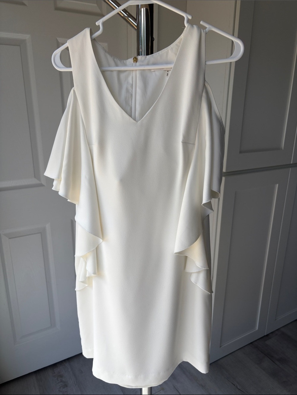 Trina Turk Bone Color Off-Shoulder Ruffle Dress, Size 4.